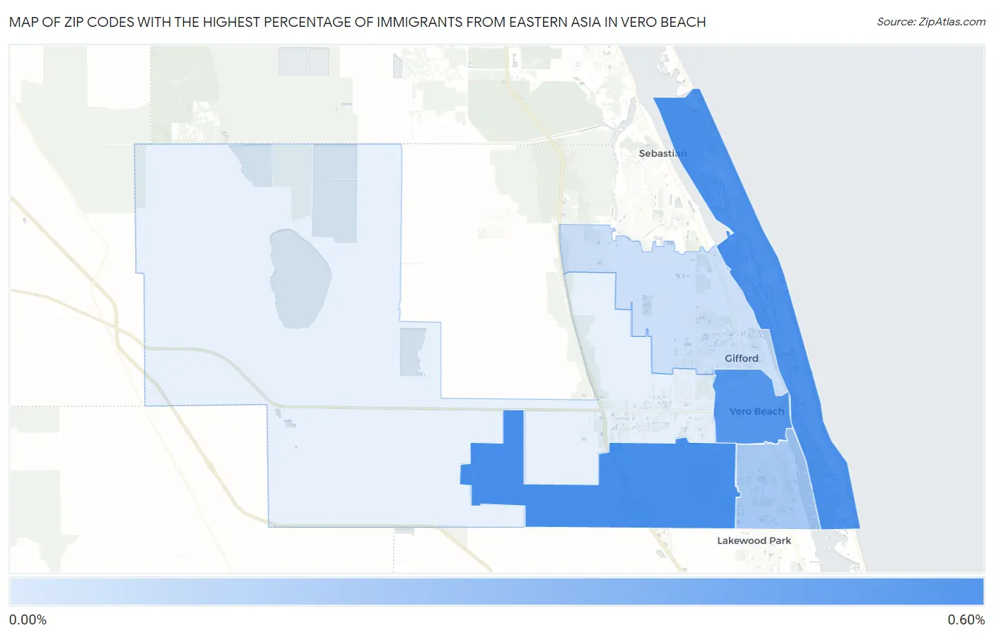 Zip Codes with the Highest Percentage of Immigrants from Eastern Asia in Vero Beach Map