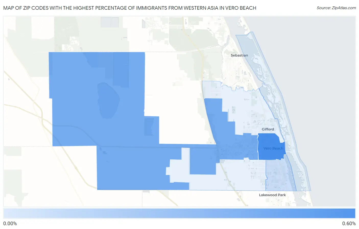 Zip Codes with the Highest Percentage of Immigrants from Western Asia in Vero Beach Map