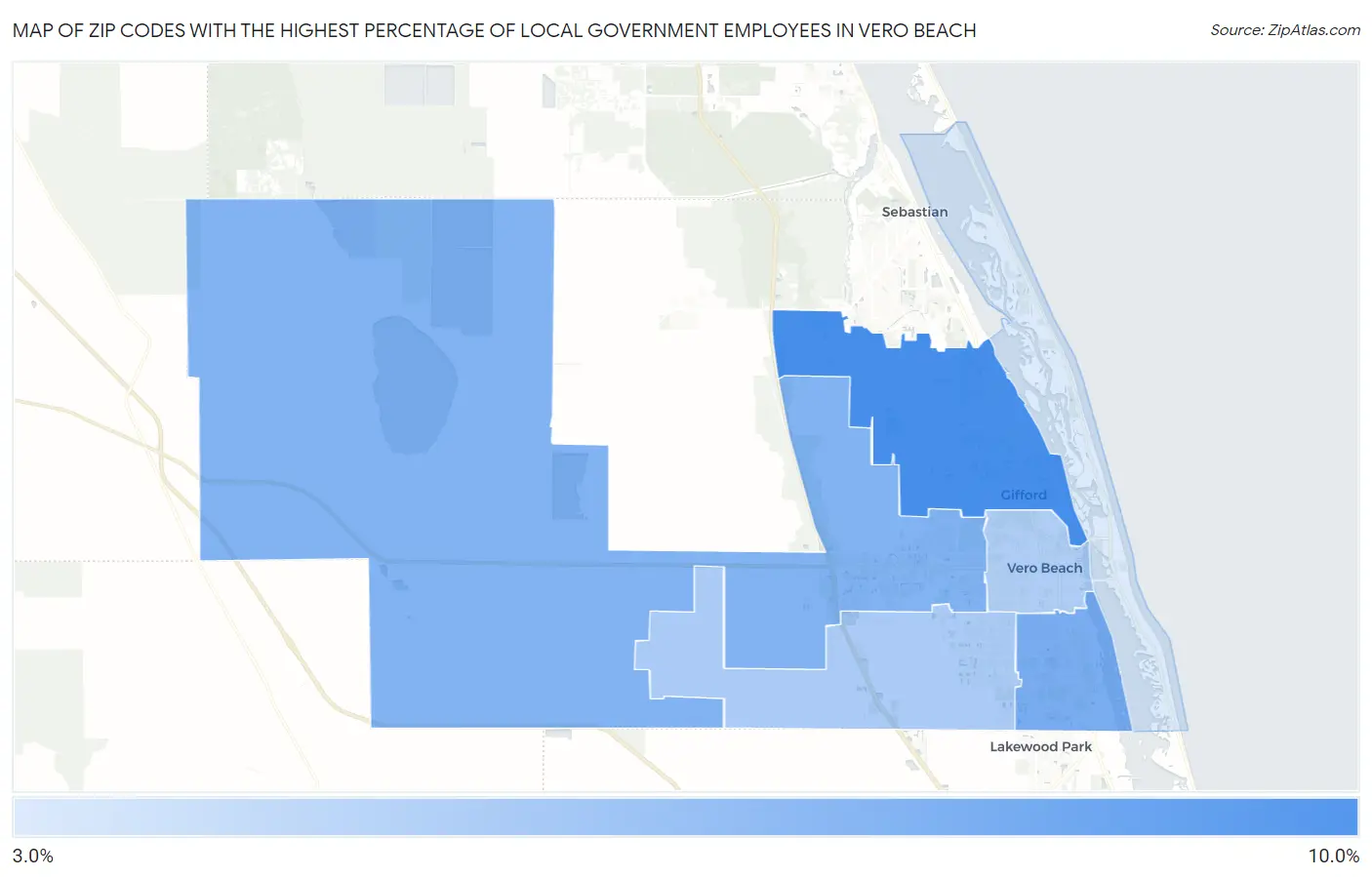 Zip Codes with the Highest Percentage of Local Government Employees in Vero Beach Map