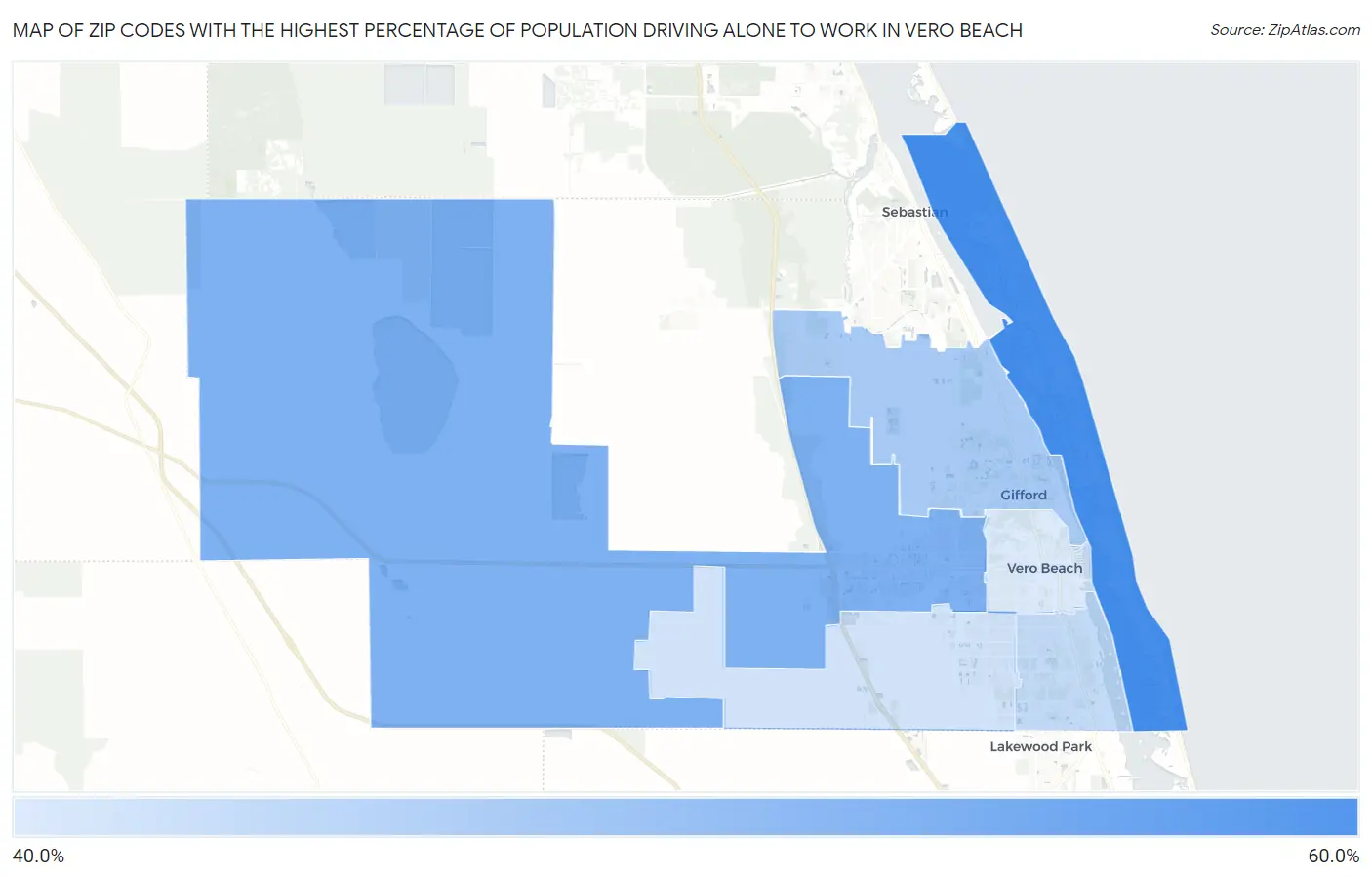 Zip Codes with the Highest Percentage of Population Driving Alone to Work in Vero Beach Map