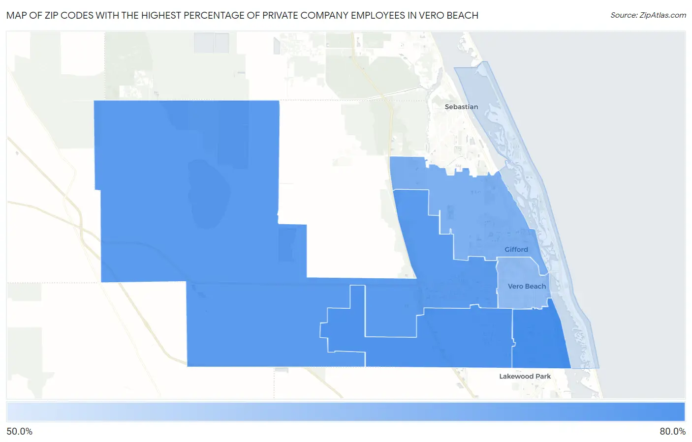 Zip Codes with the Highest Percentage of Private Company Employees in Vero Beach Map