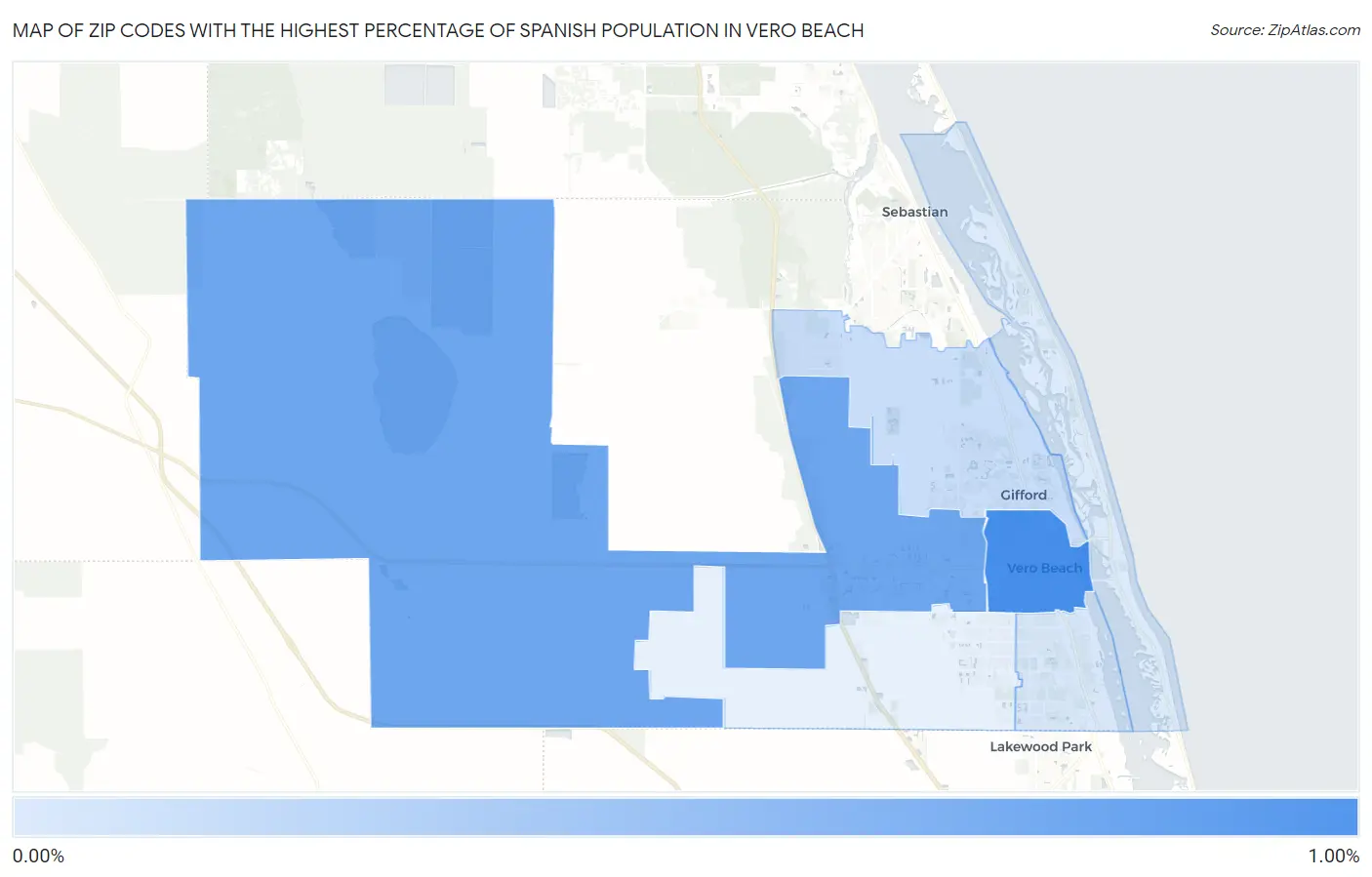 Zip Codes with the Highest Percentage of Spanish Population in Vero Beach Map