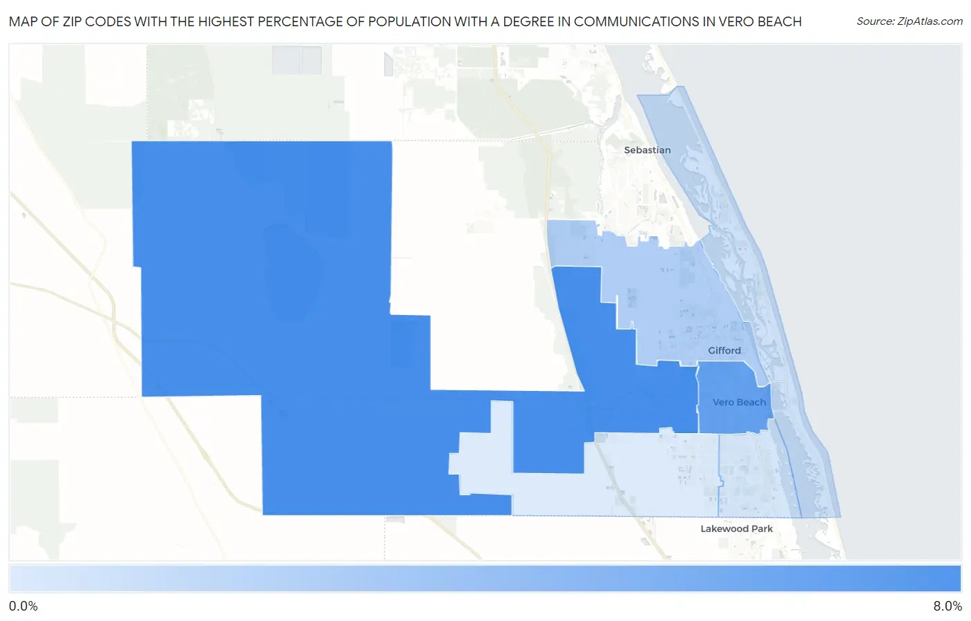 Zip Codes with the Highest Percentage of Population with a Degree in Communications in Vero Beach Map