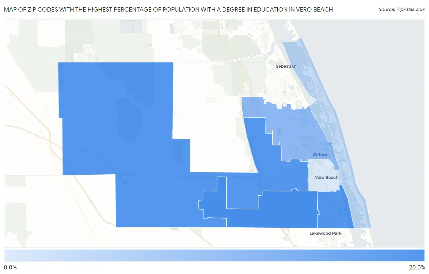Zip Codes with the Highest Percentage of Population with a Degree in Education in Vero Beach Map