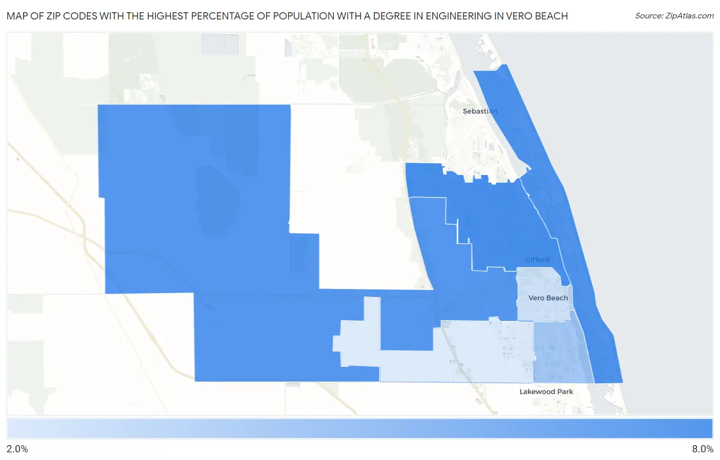 Zip Codes with the Highest Percentage of Population with a Degree in Engineering in Vero Beach Map
