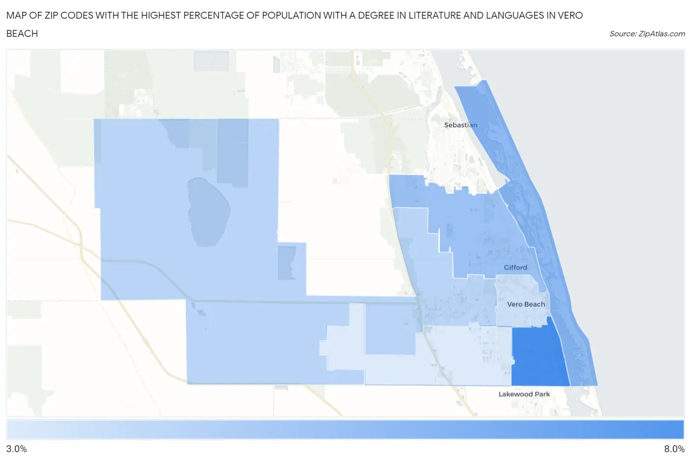 Zip Codes with the Highest Percentage of Population with a Degree in Literature and Languages in Vero Beach Map