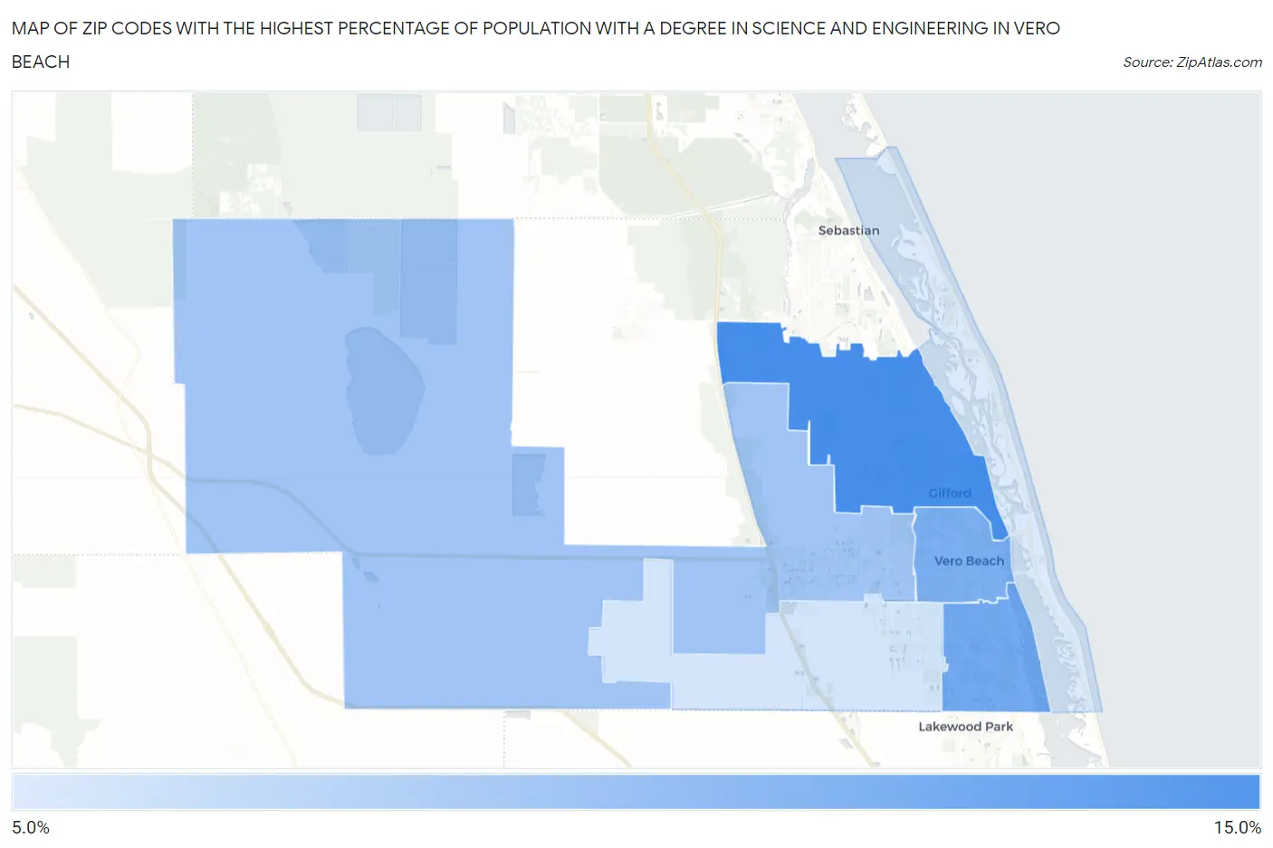 Zip Codes with the Highest Percentage of Population with a Degree in Science and Engineering in Vero Beach Map