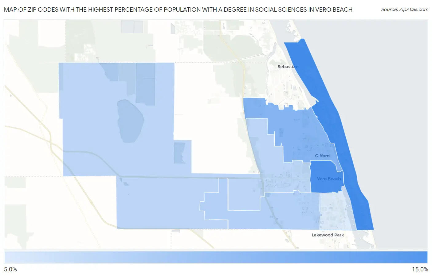 Zip Codes with the Highest Percentage of Population with a Degree in Social Sciences in Vero Beach Map