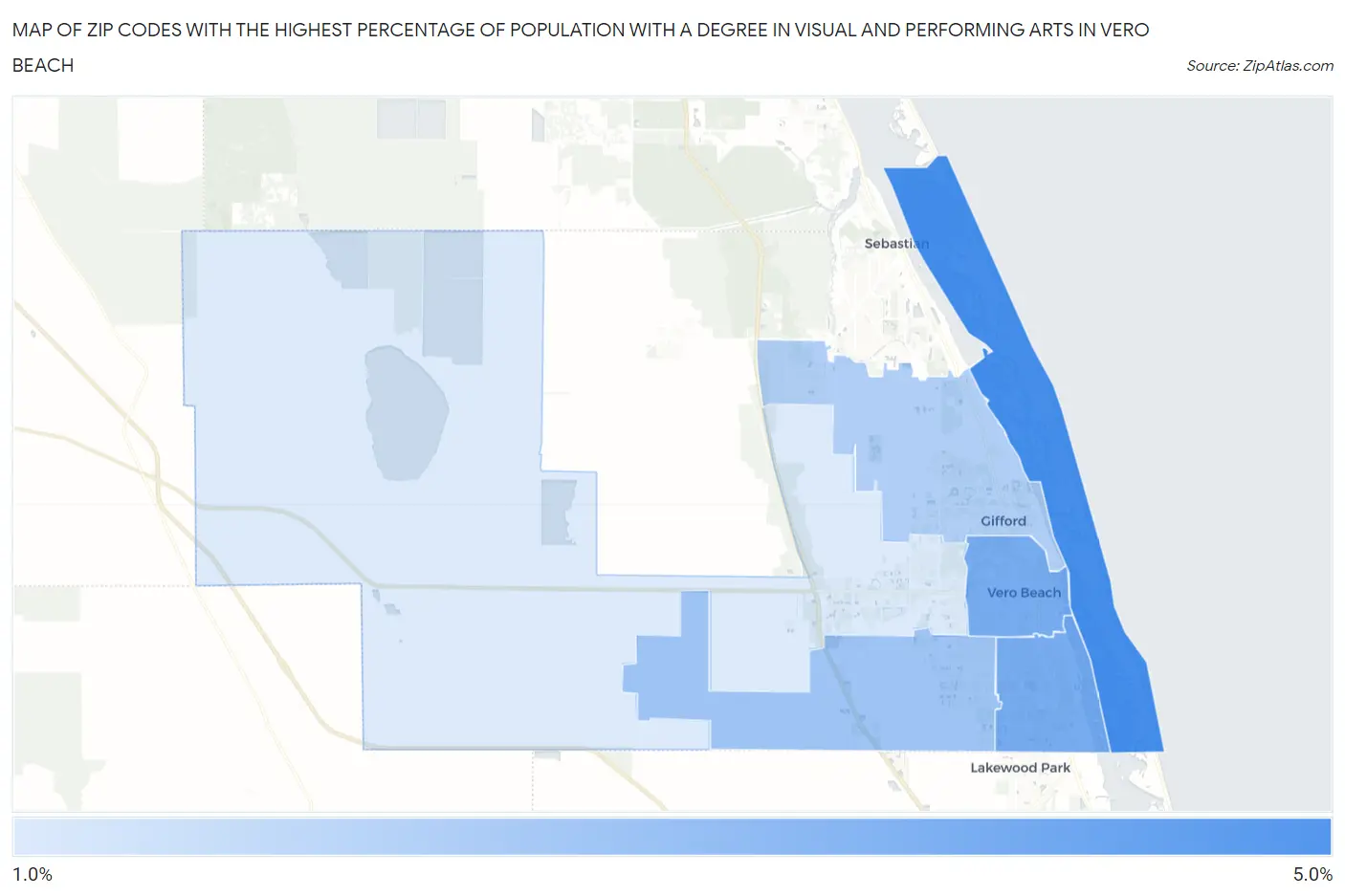 Zip Codes with the Highest Percentage of Population with a Degree in Visual and Performing Arts in Vero Beach Map