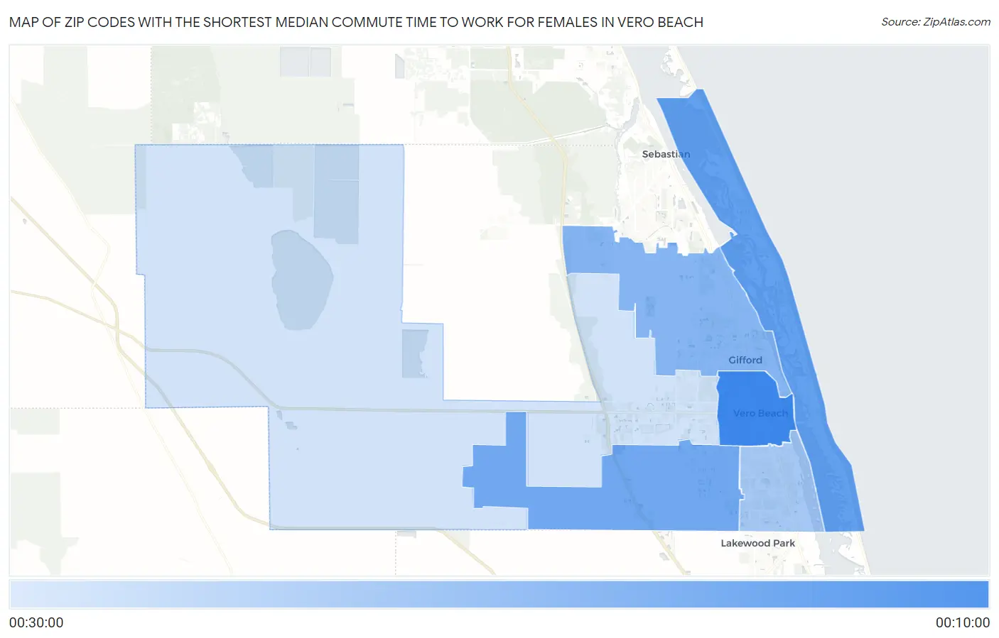 Zip Codes with the Shortest Median Commute Time to Work for Females in Vero Beach Map