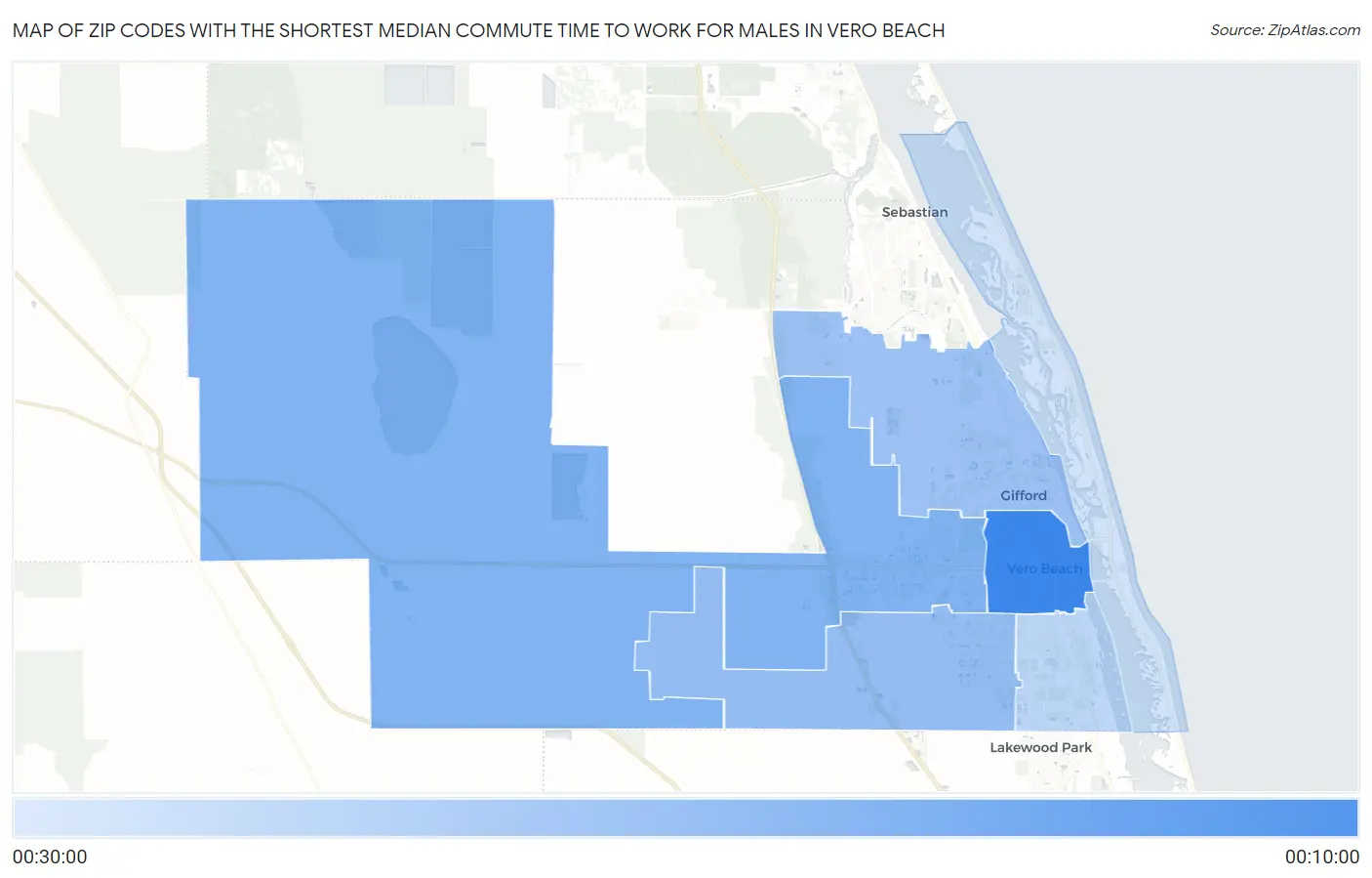 Zip Codes with the Shortest Median Commute Time to Work for Males in Vero Beach Map