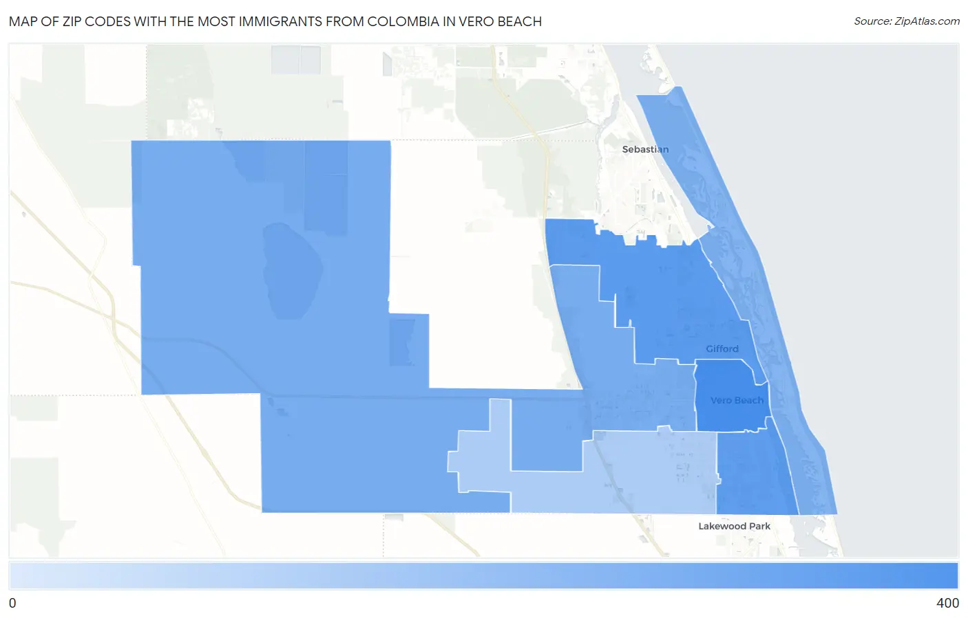 Zip Codes with the Most Immigrants from Colombia in Vero Beach Map