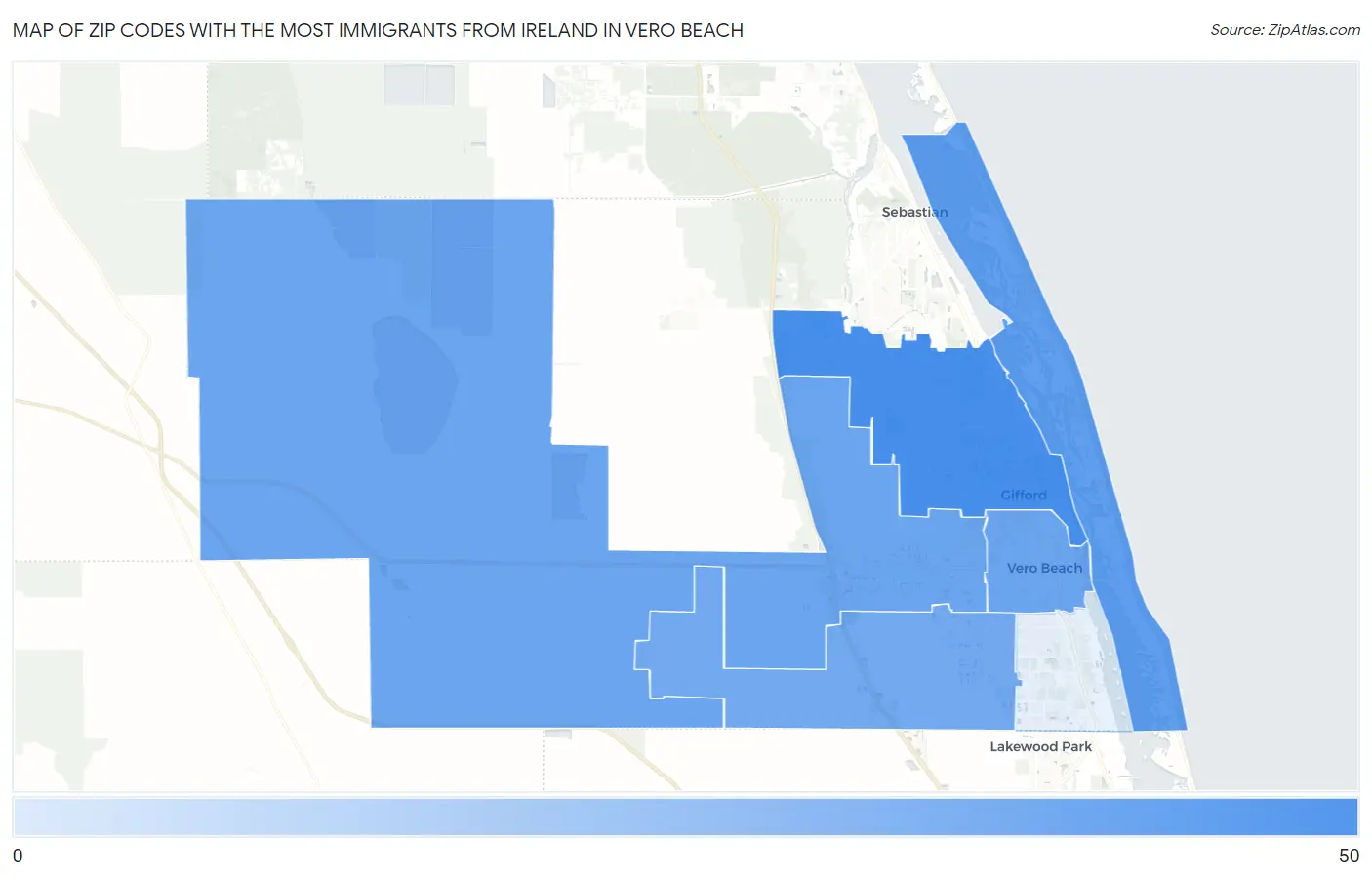 Zip Codes with the Most Immigrants from Ireland in Vero Beach Map