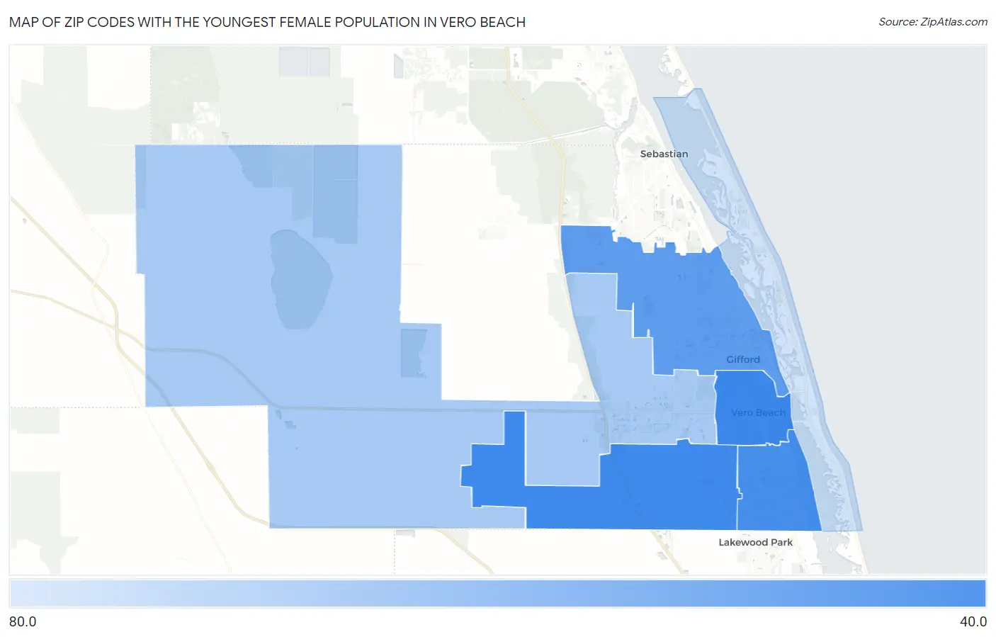 Zip Codes with the Youngest Female Population in Vero Beach Map