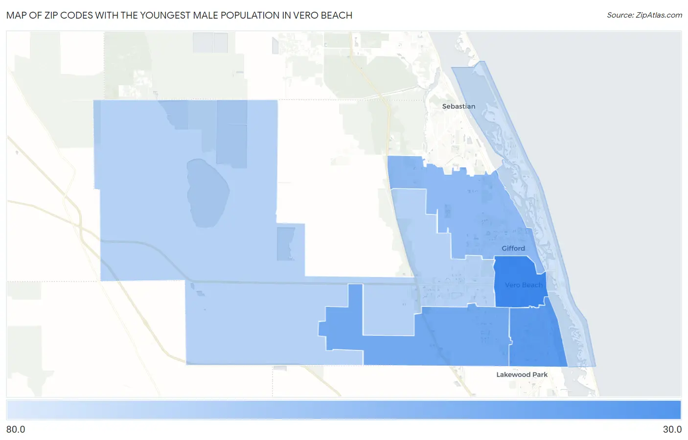 Zip Codes with the Youngest Male Population in Vero Beach Map