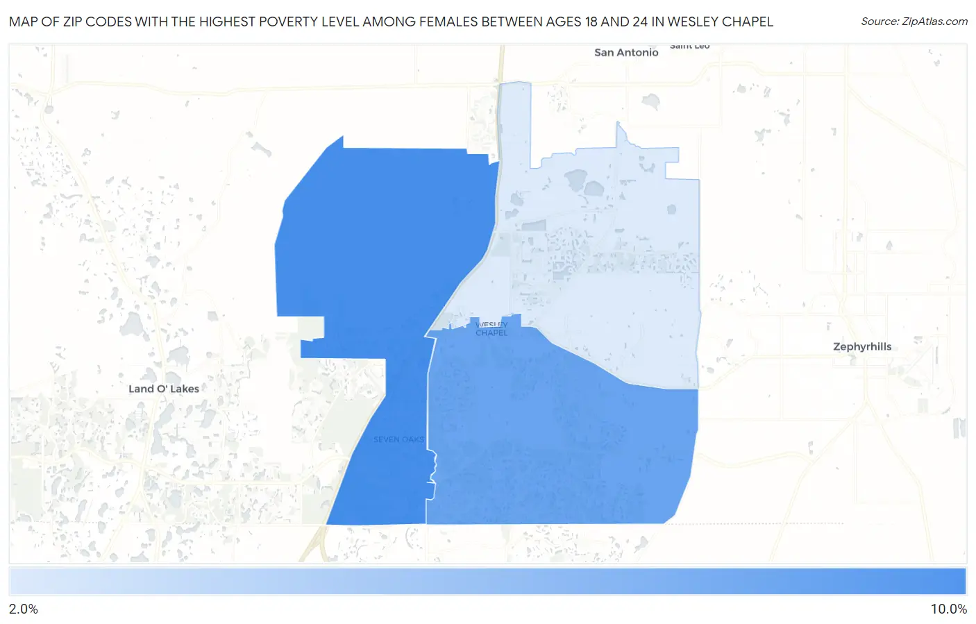 Zip Codes with the Highest Poverty Level Among Females Between Ages 18 and 24 in Wesley Chapel Map
