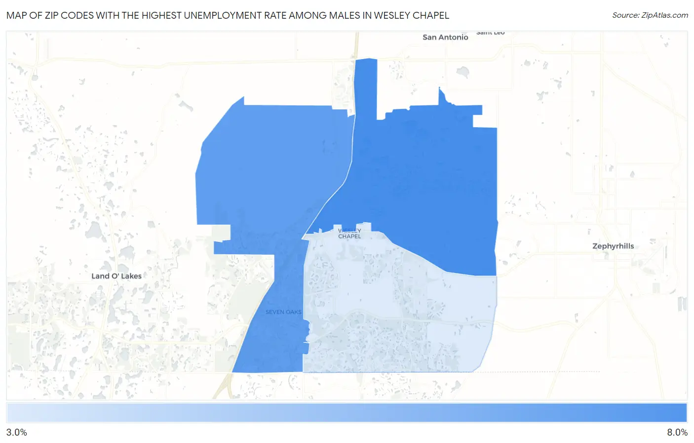 Zip Codes with the Highest Unemployment Rate Among Males in Wesley Chapel Map