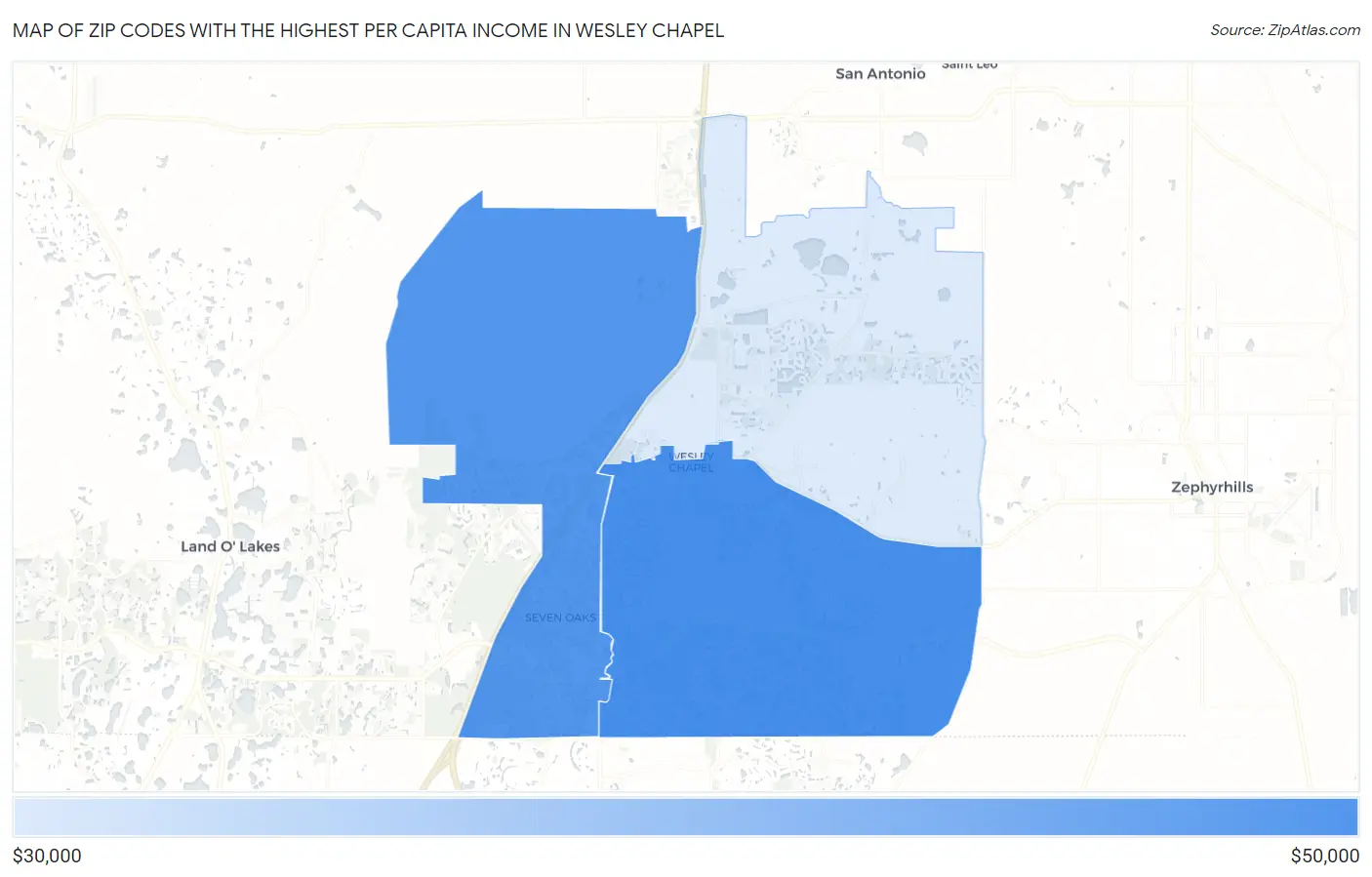 Zip Codes with the Highest Per Capita Income in Wesley Chapel Map