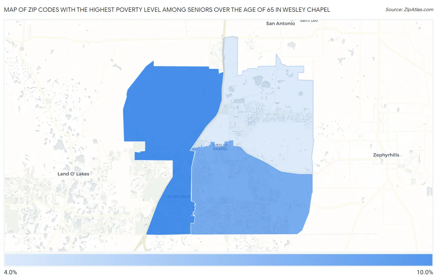Zip Codes with the Highest Poverty Level Among Seniors Over the Age of 65 in Wesley Chapel Map