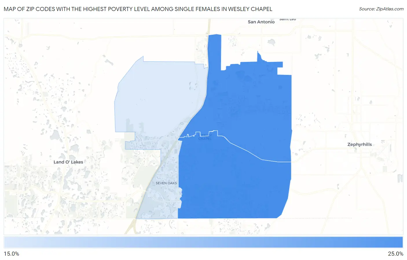 Zip Codes with the Highest Poverty Level Among Single Females in Wesley Chapel Map