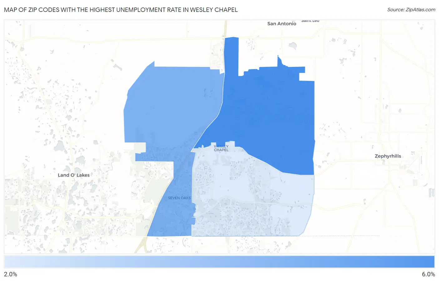 Zip Codes with the Highest Unemployment Rate in Wesley Chapel Map
