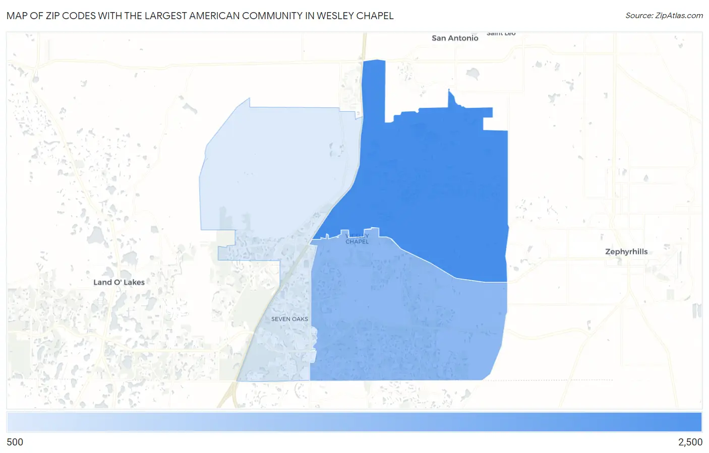 Zip Codes with the Largest American Community in Wesley Chapel Map