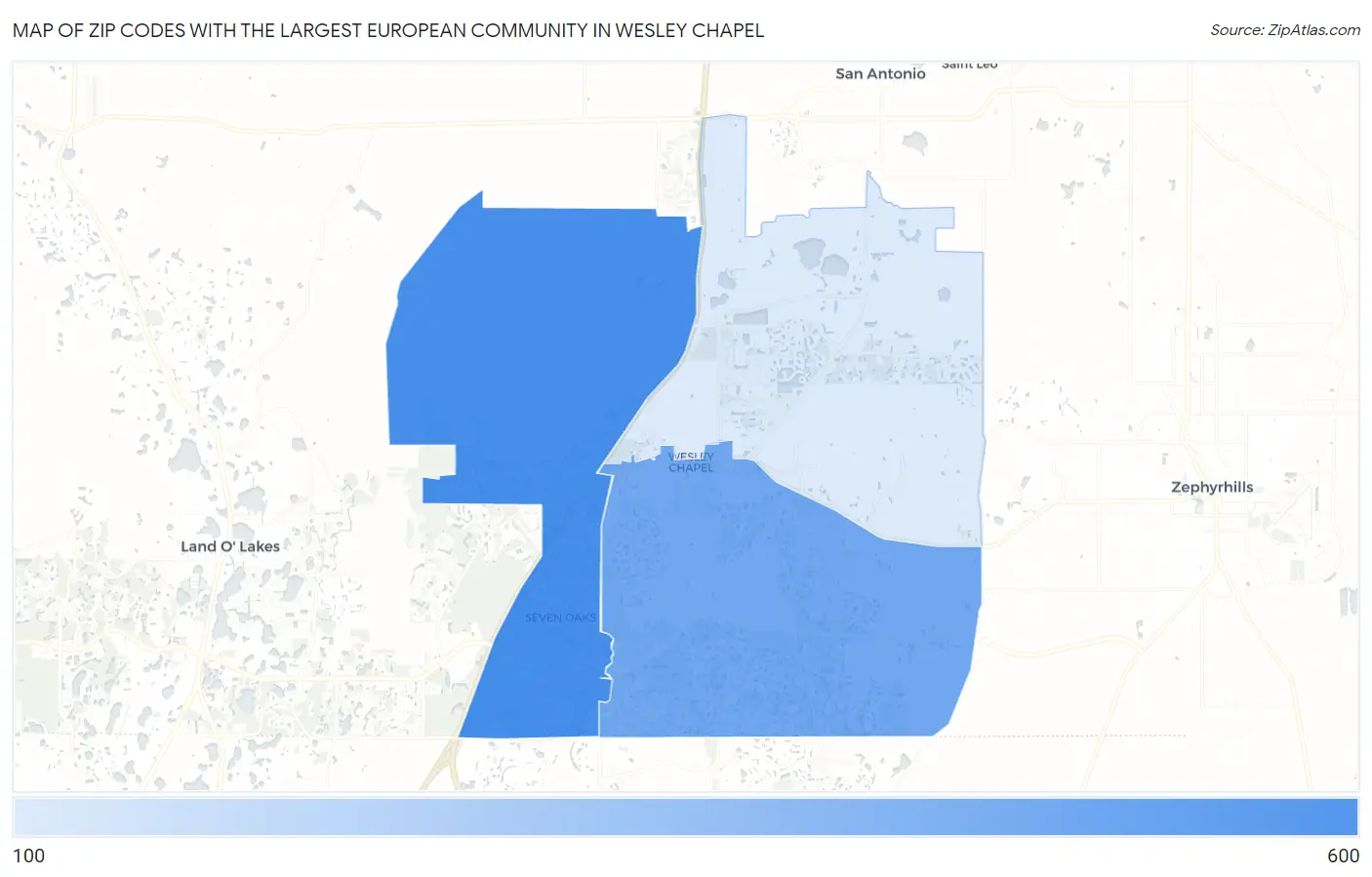 Zip Codes with the Largest European Community in Wesley Chapel Map