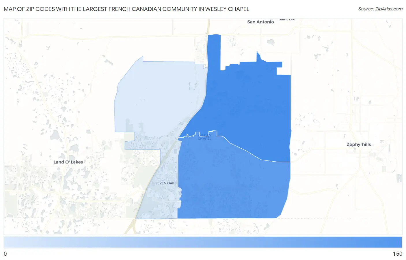 Zip Codes with the Largest French Canadian Community in Wesley Chapel Map