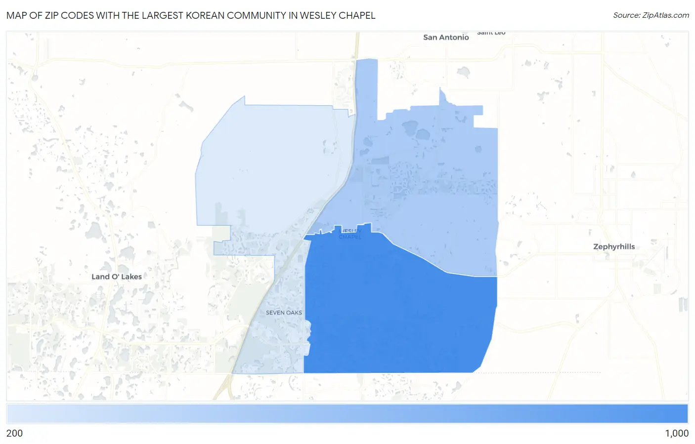 Zip Codes with the Largest Korean Community in Wesley Chapel Map