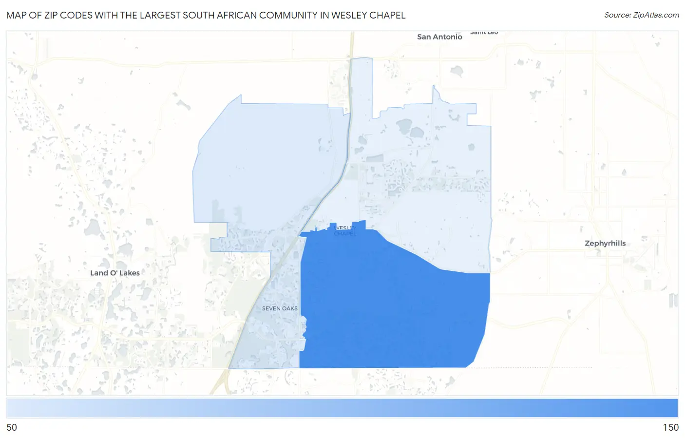 Zip Codes with the Largest South African Community in Wesley Chapel Map