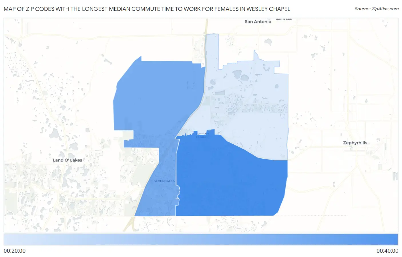 Zip Codes with the Longest Median Commute Time to Work for Females in Wesley Chapel Map