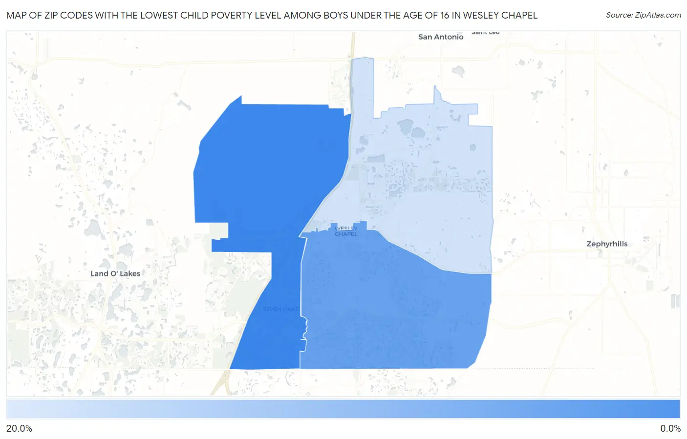 Zip Codes with the Lowest Child Poverty Level Among Boys Under the Age of 16 in Wesley Chapel Map