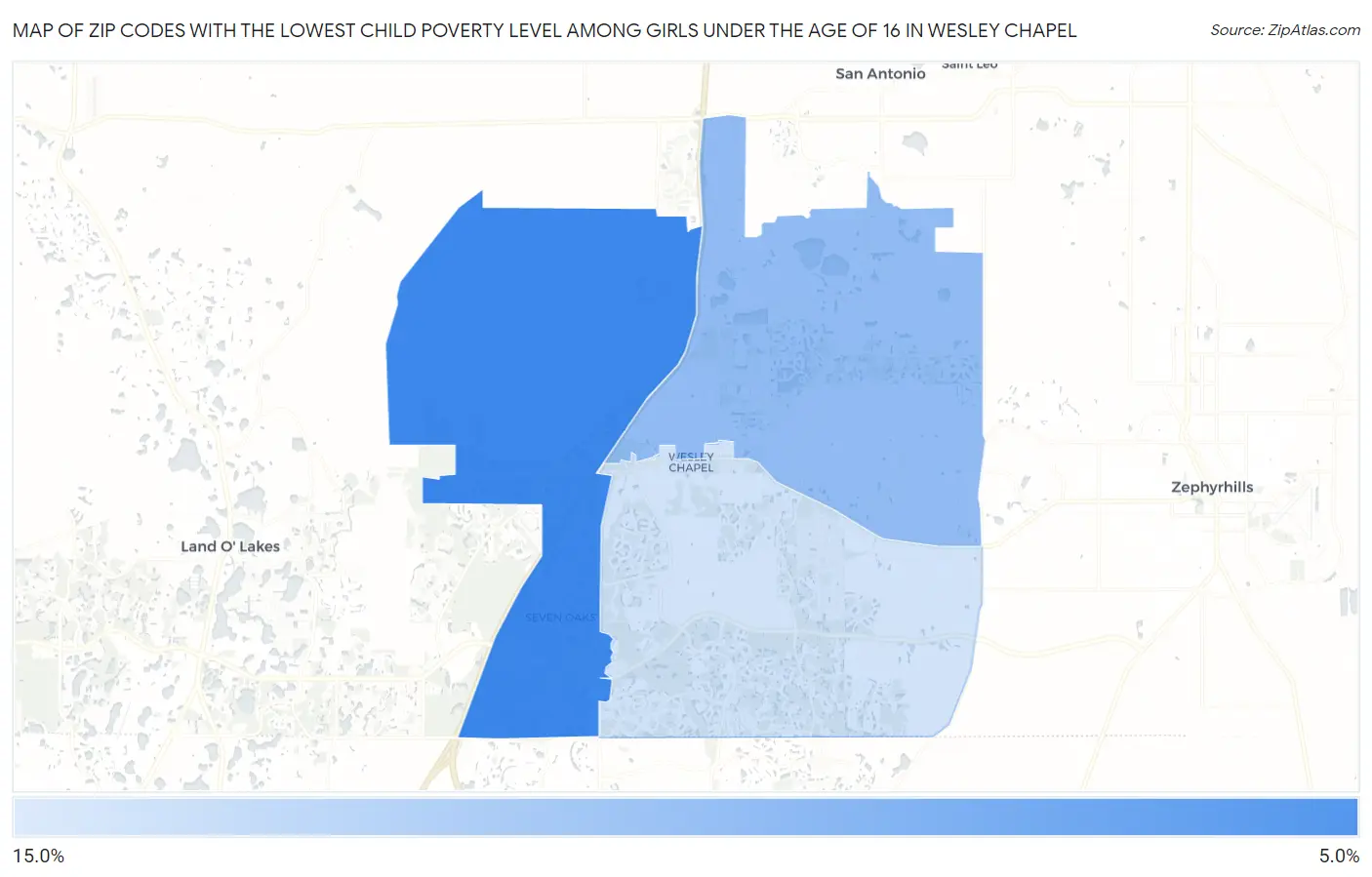 Zip Codes with the Lowest Child Poverty Level Among Girls Under the Age of 16 in Wesley Chapel Map