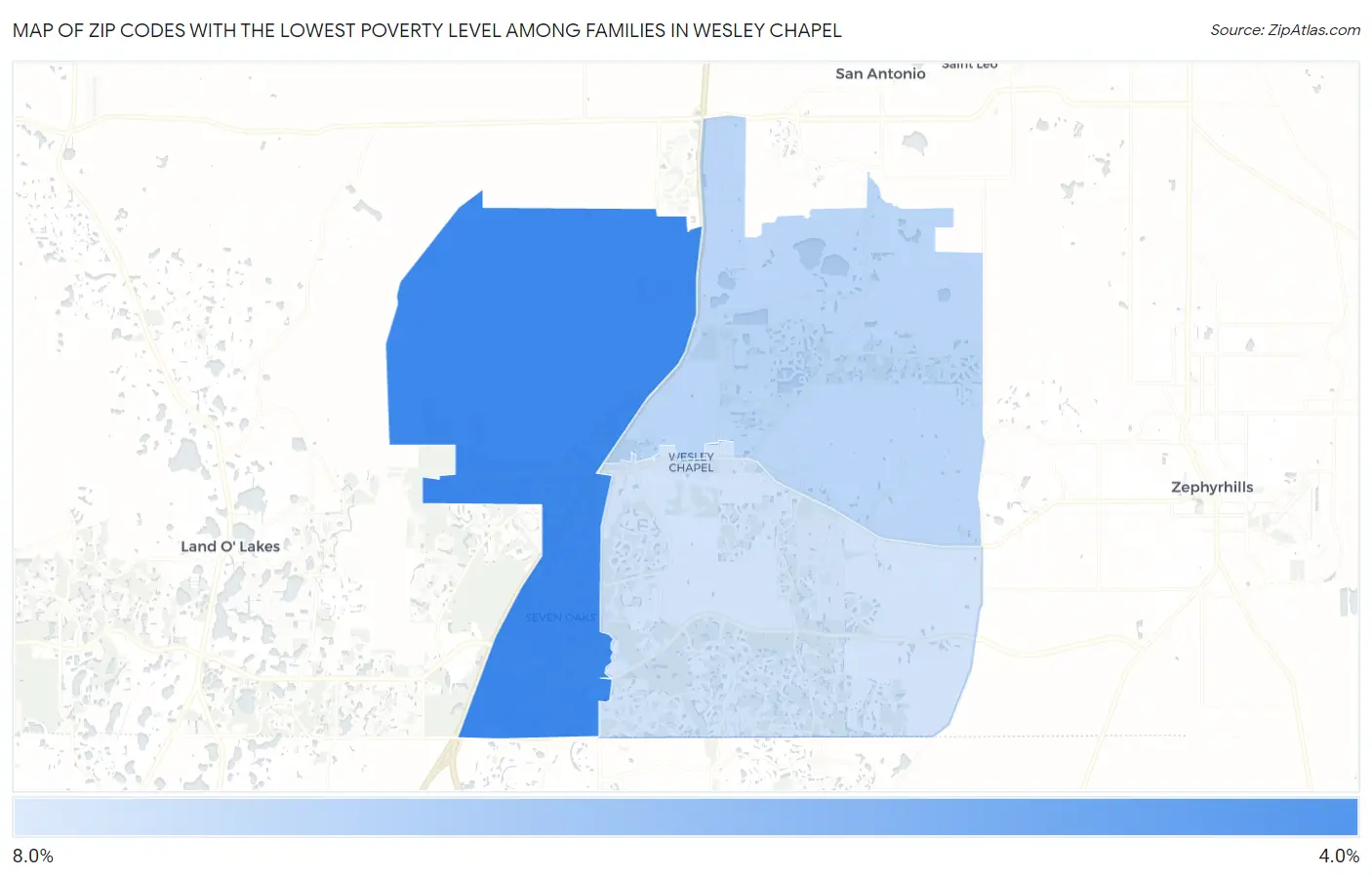 Zip Codes with the Lowest Poverty Level Among Families in Wesley Chapel Map