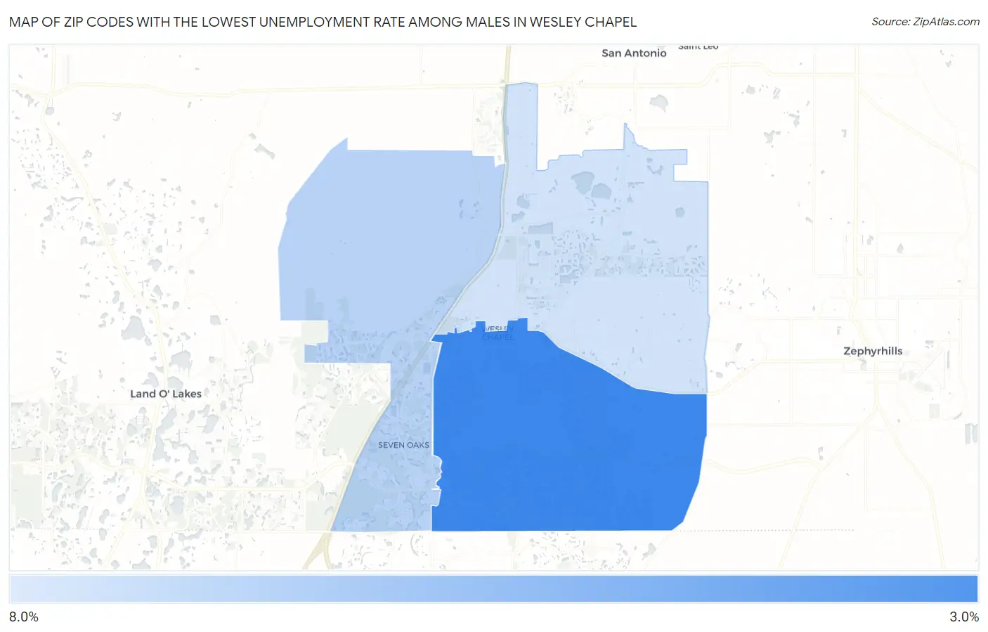 Zip Codes with the Lowest Unemployment Rate Among Males in Wesley Chapel Map