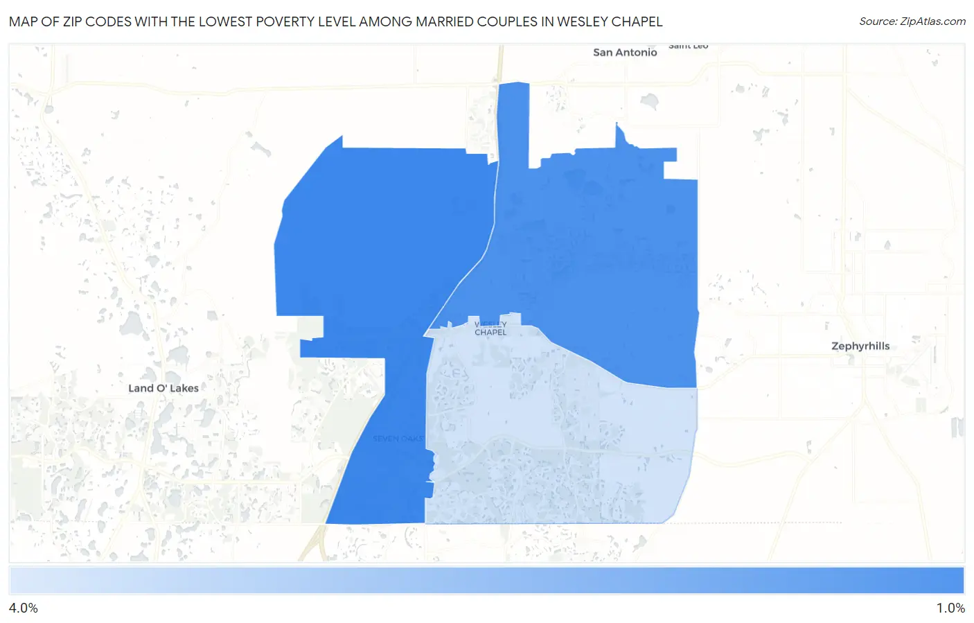 Zip Codes with the Lowest Poverty Level Among Married Couples in Wesley Chapel Map