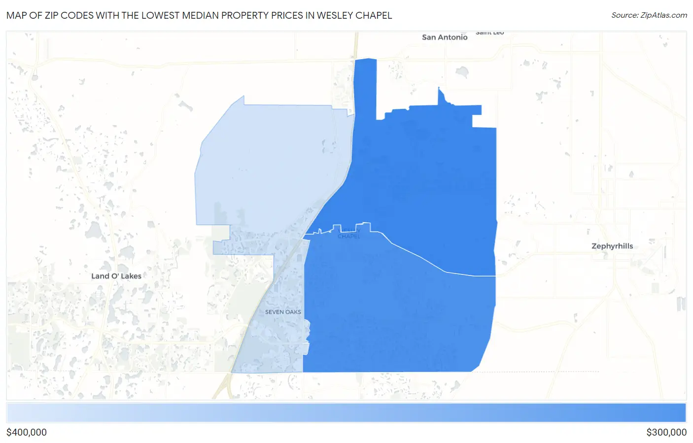 Zip Codes with the Lowest Median Property Prices in Wesley Chapel Map