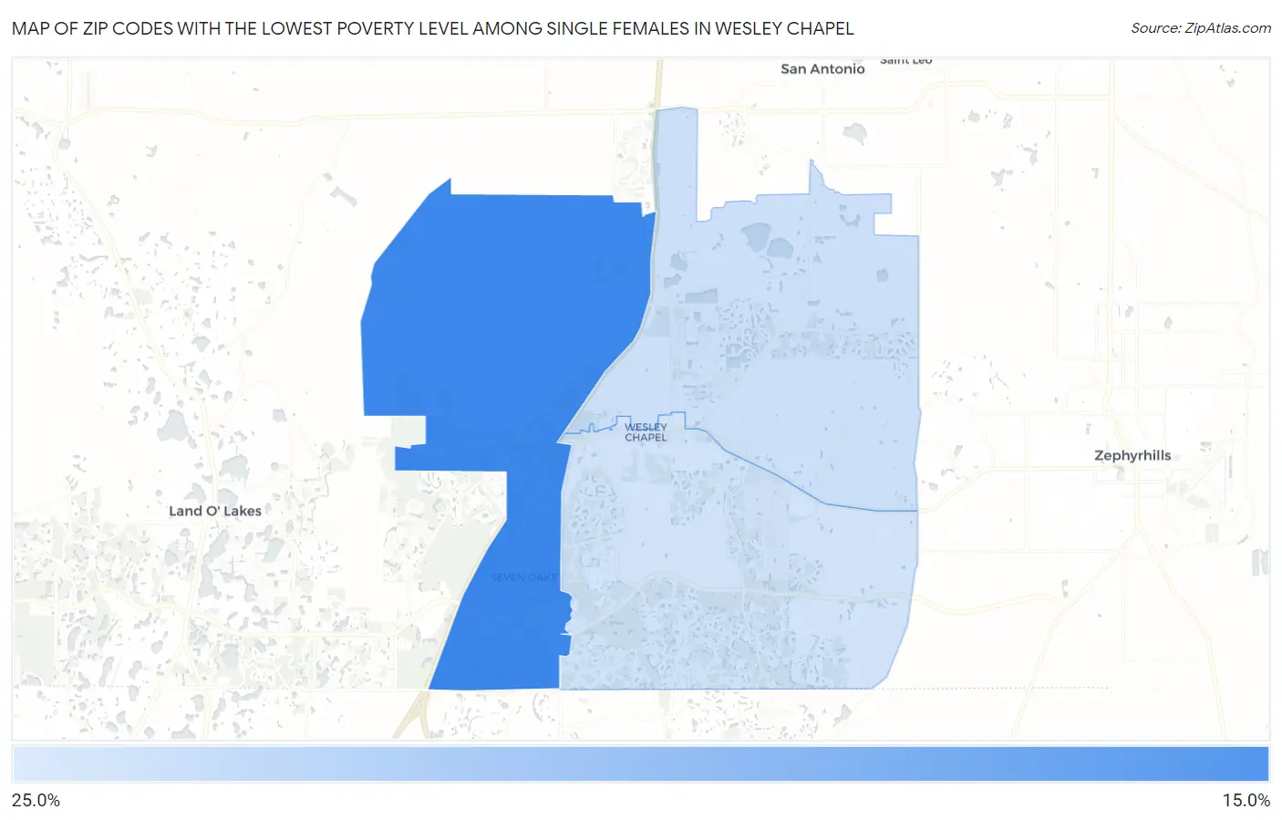 Zip Codes with the Lowest Poverty Level Among Single Females in Wesley Chapel Map