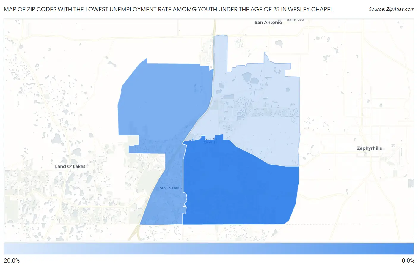 Zip Codes with the Lowest Unemployment Rate Amomg Youth Under the Age of 25 in Wesley Chapel Map