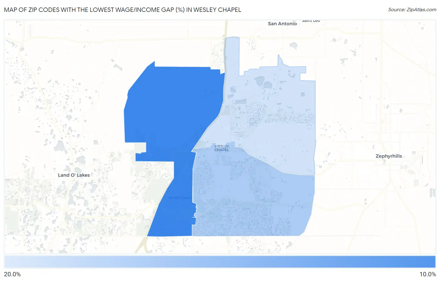 Zip Codes with the Lowest Wage/Income Gap (%) in Wesley Chapel Map