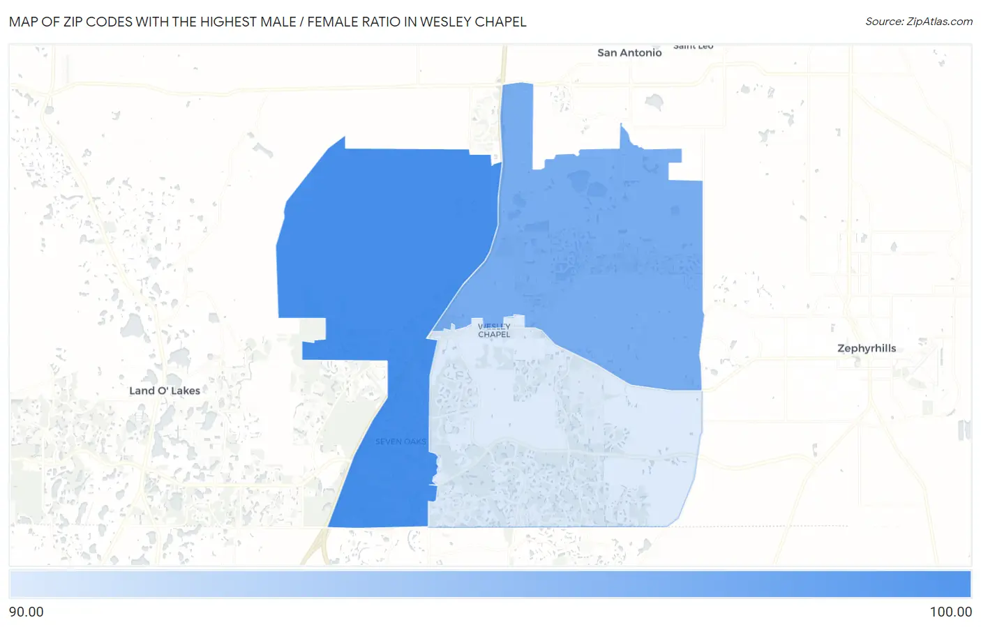 Zip Codes with the Highest Male / Female Ratio in Wesley Chapel Map