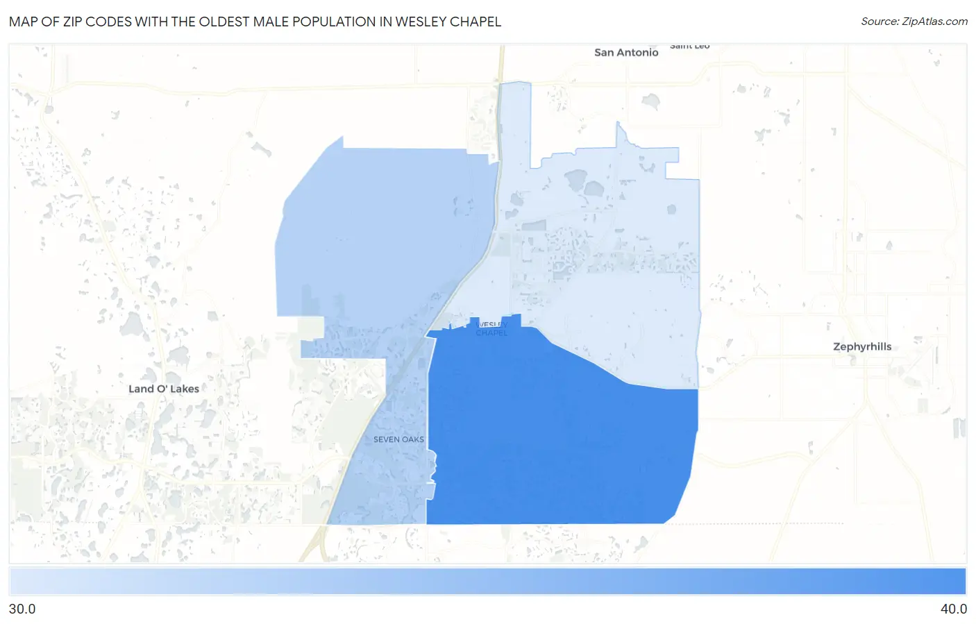 Zip Codes with the Oldest Male Population in Wesley Chapel Map