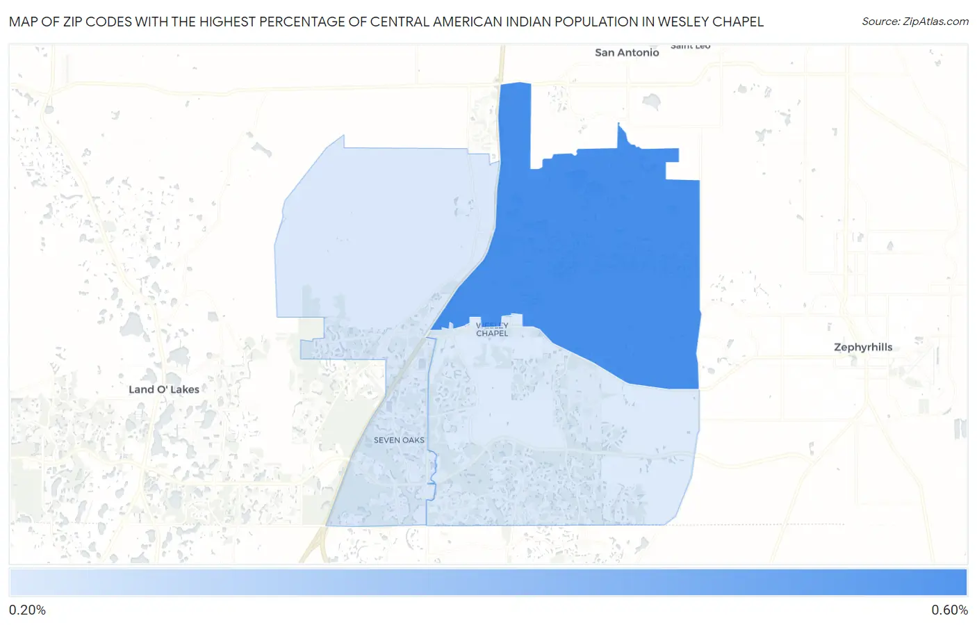 Zip Codes with the Highest Percentage of Central American Indian Population in Wesley Chapel Map