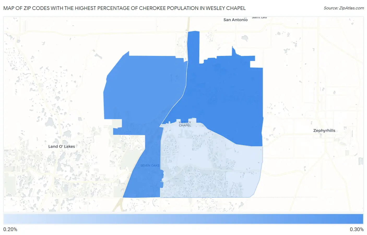 Zip Codes with the Highest Percentage of Cherokee Population in Wesley Chapel Map