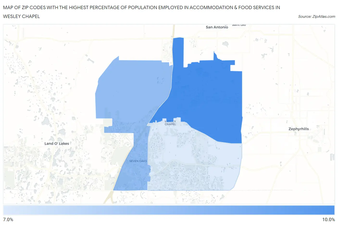 Zip Codes with the Highest Percentage of Population Employed in Accommodation & Food Services in Wesley Chapel Map