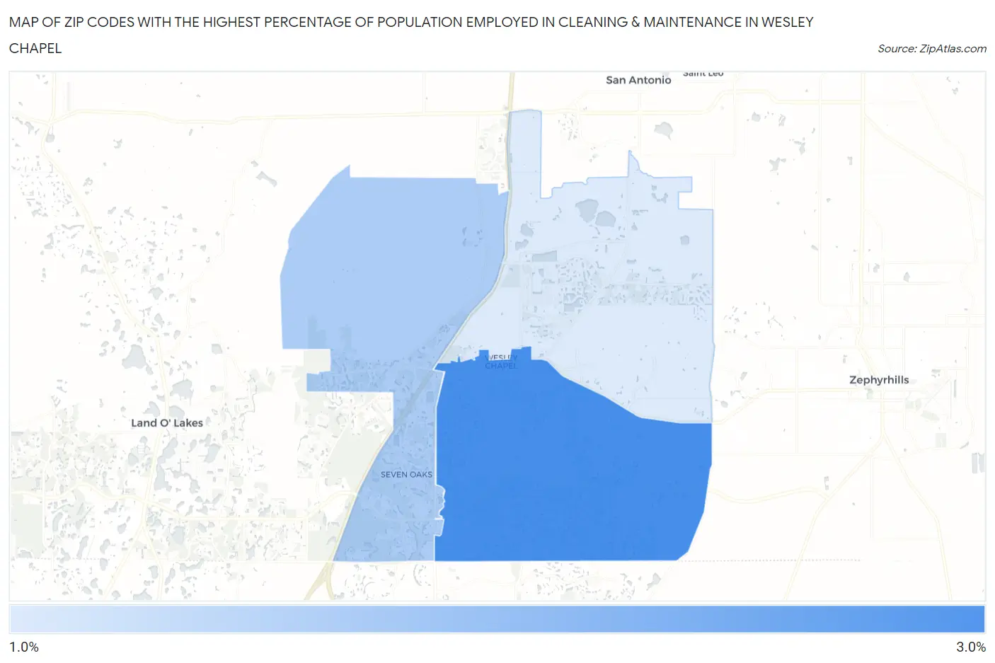 Zip Codes with the Highest Percentage of Population Employed in Cleaning & Maintenance in Wesley Chapel Map