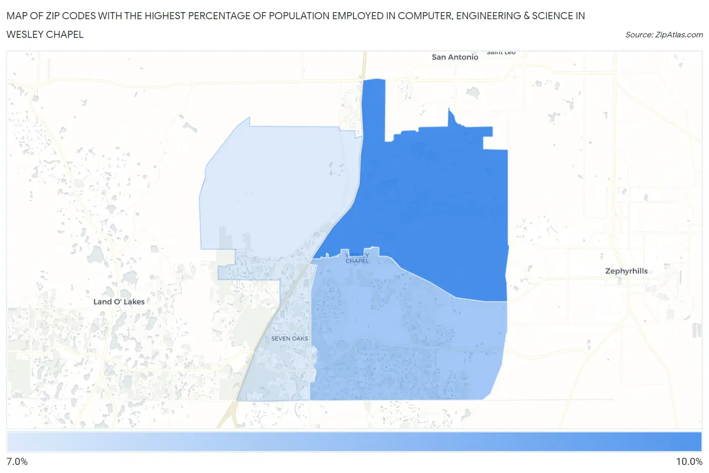 Zip Codes with the Highest Percentage of Population Employed in Computer, Engineering & Science in Wesley Chapel Map