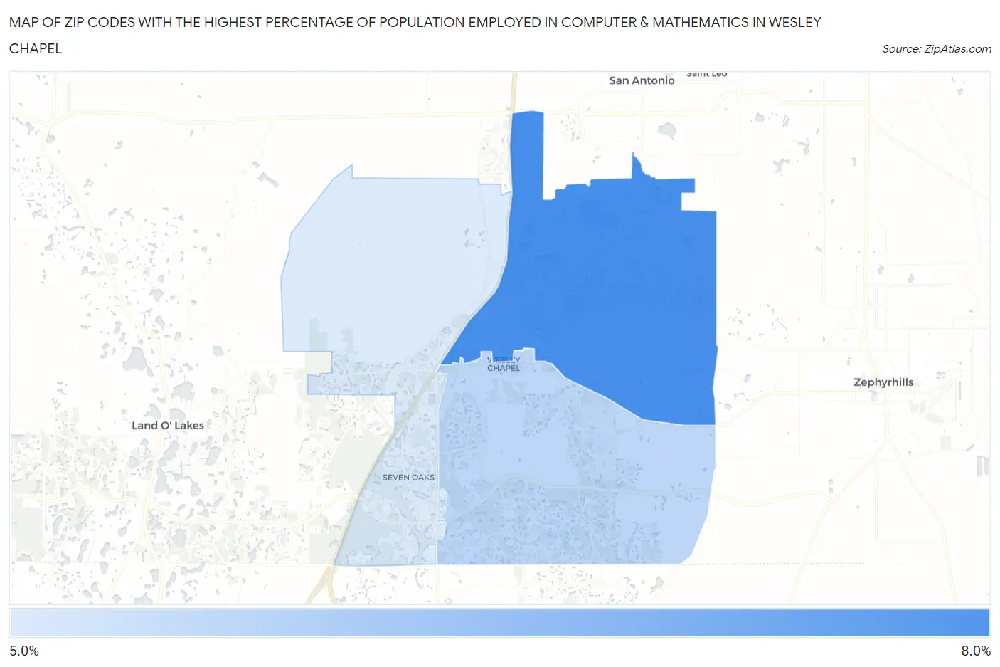 Zip Codes with the Highest Percentage of Population Employed in Computer & Mathematics in Wesley Chapel Map