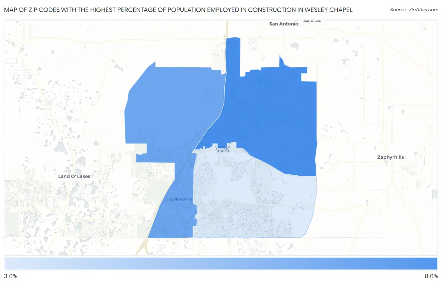 Zip Codes with the Highest Percentage of Population Employed in Construction in Wesley Chapel Map