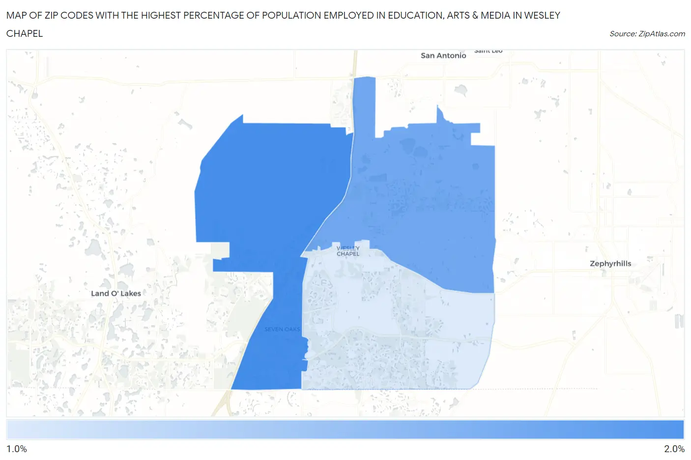 Zip Codes with the Highest Percentage of Population Employed in Education, Arts & Media in Wesley Chapel Map